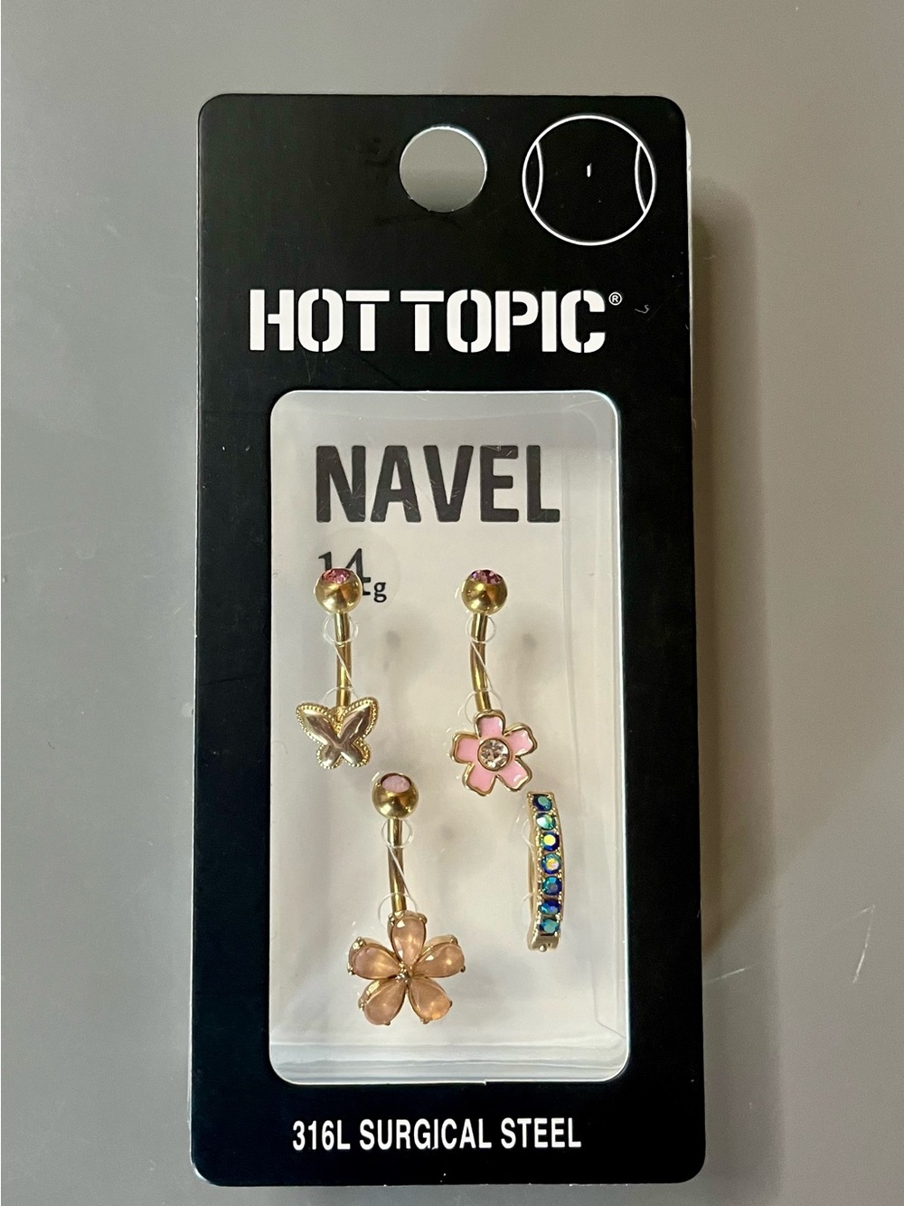 Hot Topic 4pc Navel Ring Set NIB 14g Gold Butterfly Flower Aurora-NIB